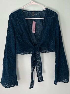 Women's Teal Tie-Front Sheer Blouse